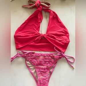 NWT Anthropologie PilyQ Avalon Alex Twist red top lace tie pink bikini set